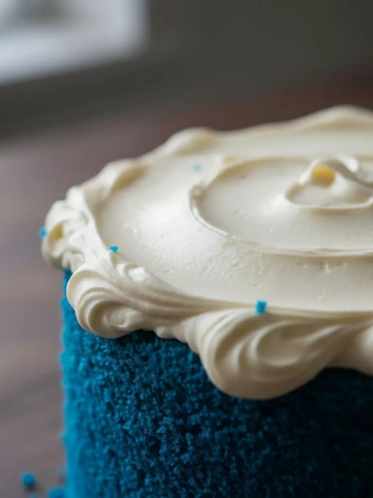 Blue Velvet Cake Recipe Text: Slice of blue velvet cake showing moist velvet crumb and creamy frosting layers