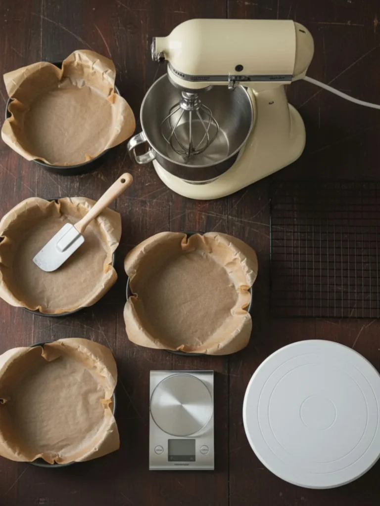 Blue Velvet Cake Recipe Essential baking tools arranged for preparing blue velvet cake including mixer pans spatula and cooling rack