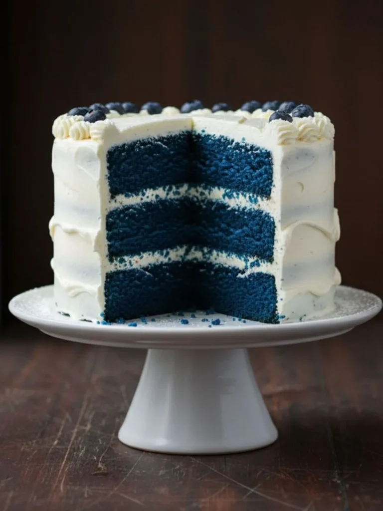 Blue Velvet Cake Recipe Full homemade blue velvet cake recipe displayed on cake stand with smooth cream cheese frosting