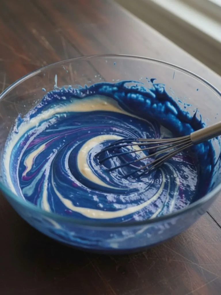 Blue Velvet Cake Recipe Blue food coloring blended into cake batter creating vibrant blue velvet cake mixture