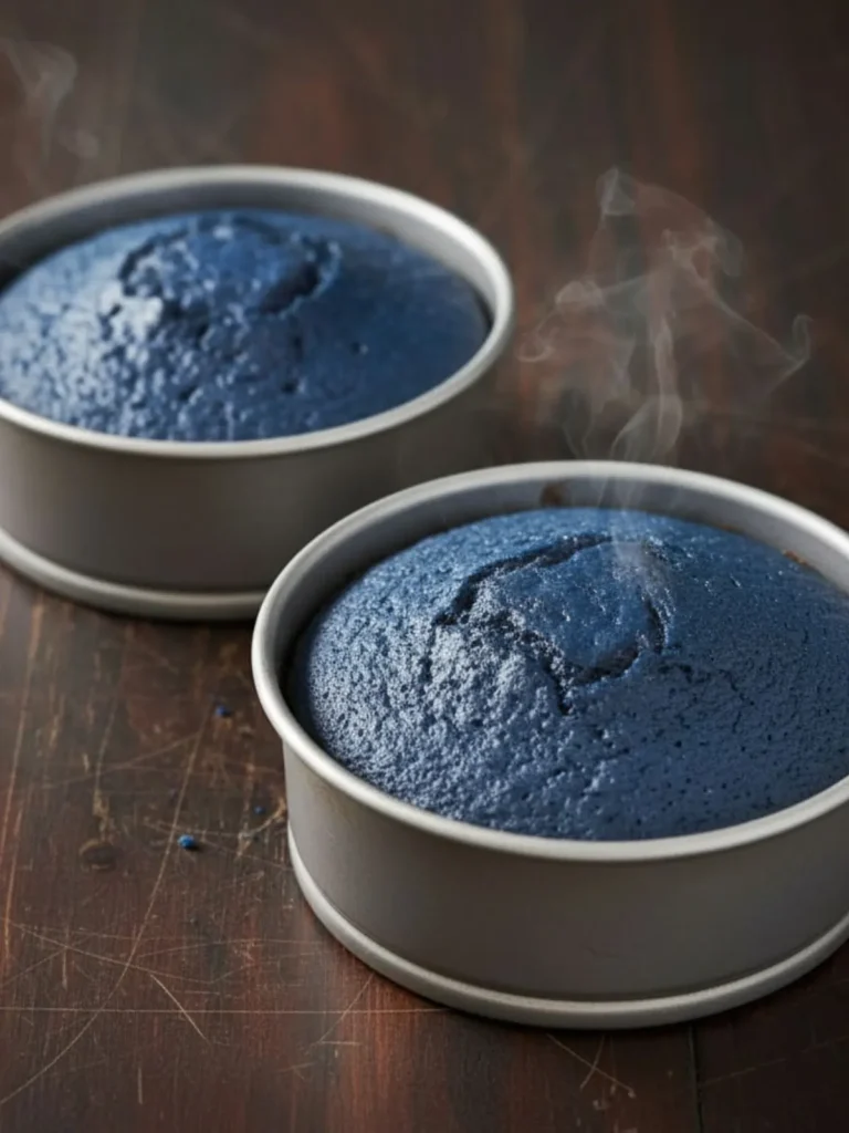 Blue Velvet Cake Recipe Freshly baked blue velvet cake layers cooling inside pan