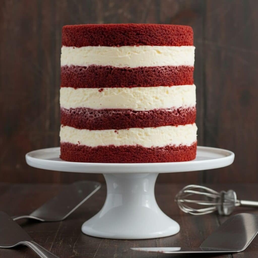 Red Velvet Cheesecake Recipe fully stacked red velvet cheesecake before final frosting