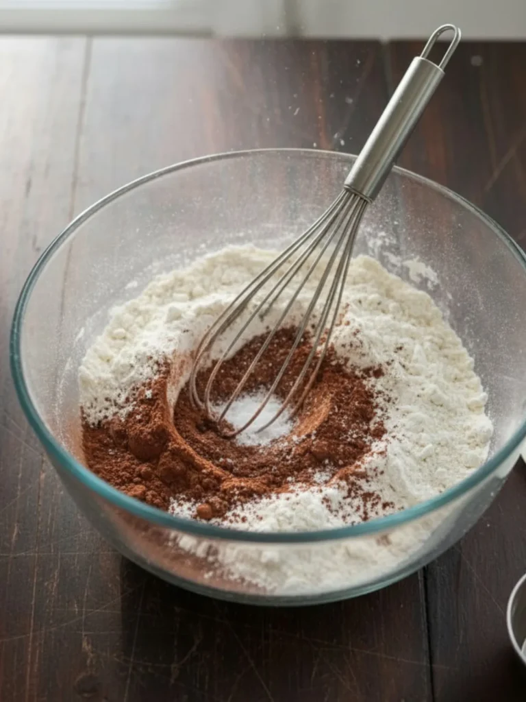 Blue Velvet Cake Recipe Dry ingredients being mixed together for blue velvet cake batter preparation