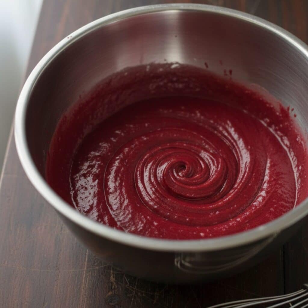 Red Velvet Cheesecake Recipe mixing red velvet cake batter for cheesecake cake layers