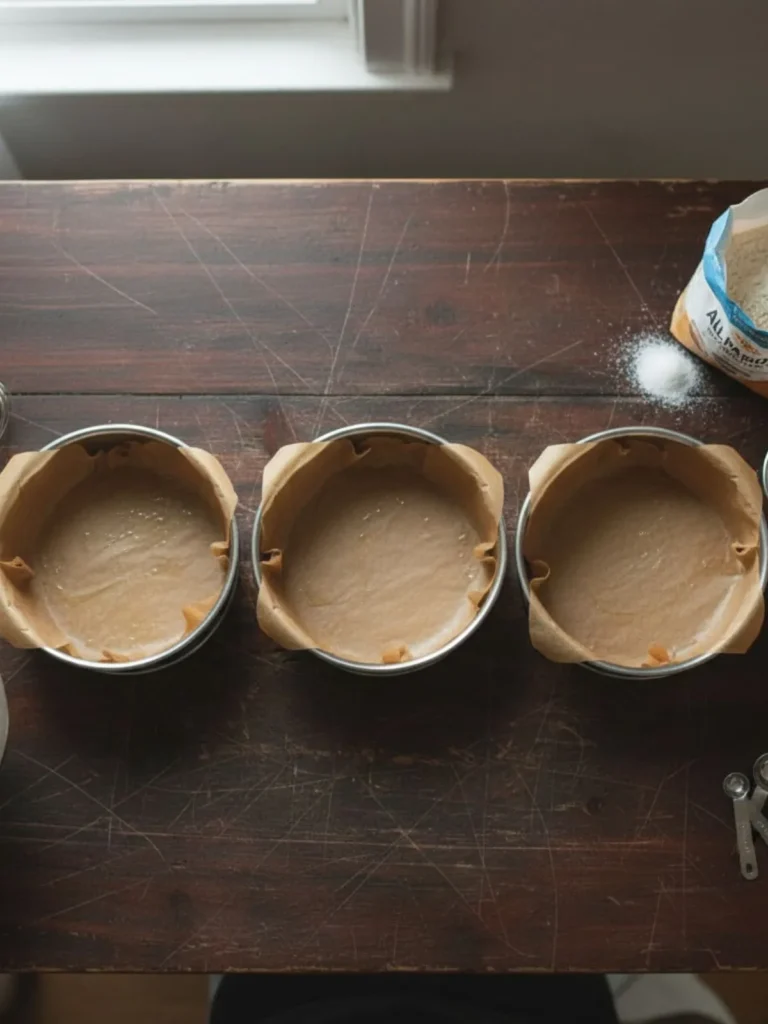 Blue Velvet Cake Recipe Cake pans prepared with parchment paper for baking blue velvet cake layers