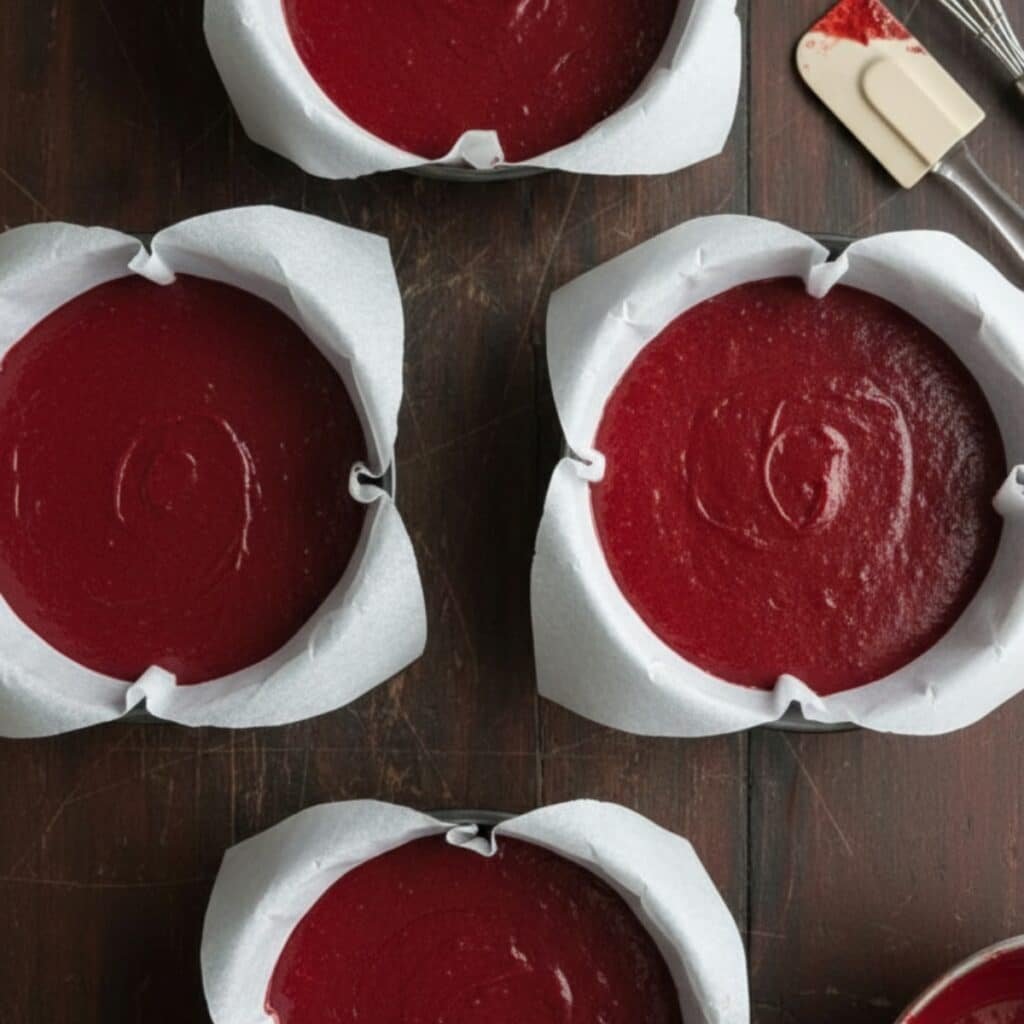Red Velvet Cheesecake Recipe red velvet cake batter poured into baking pans before baking