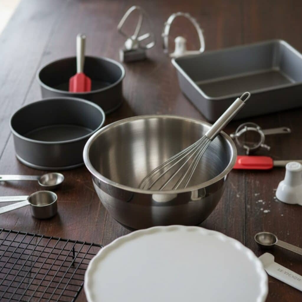 Red Velvet Cheesecake Recipe whisk and baking tools used for red velvet cheesecake recipe preparation setup