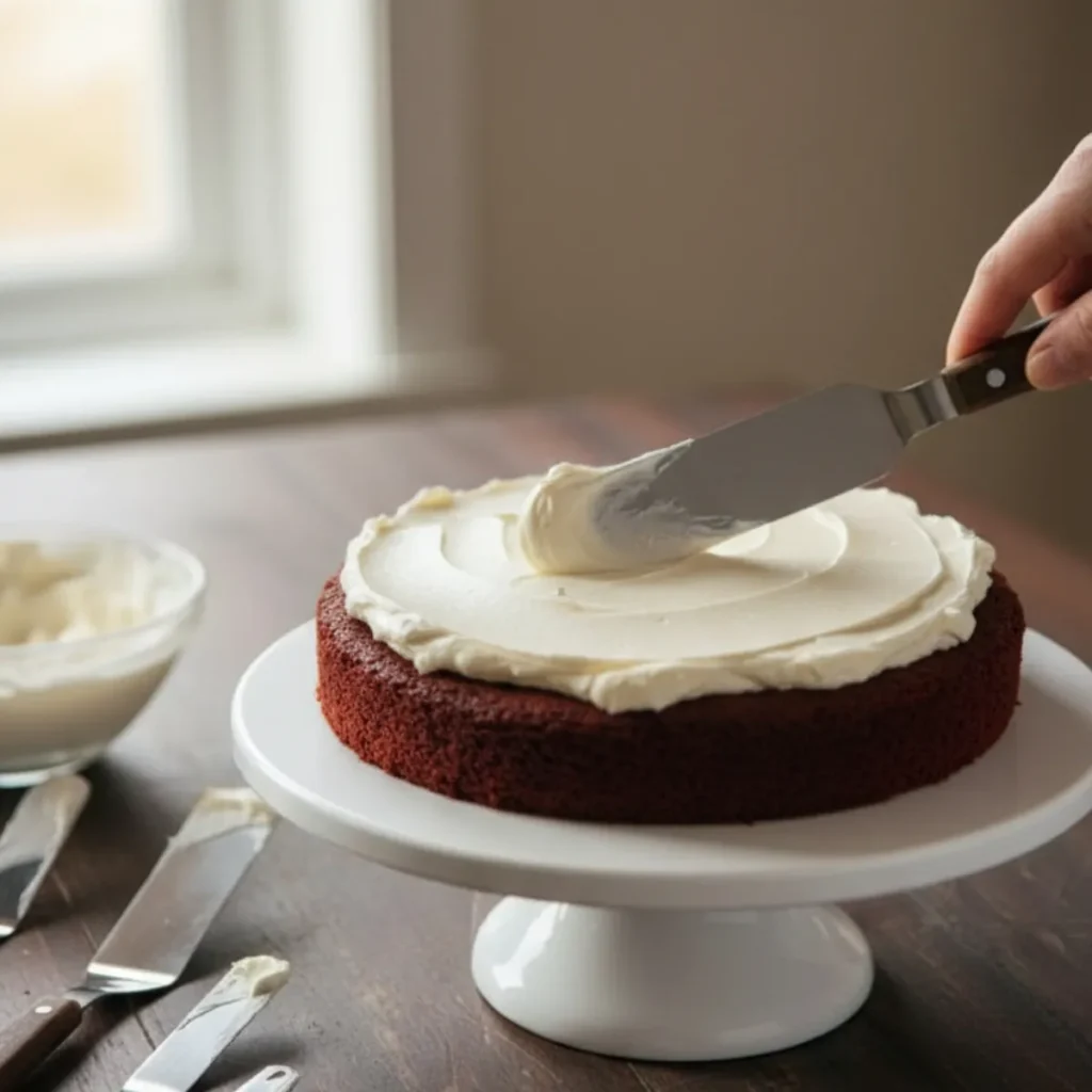 Red Velvet Cheesecake Recipe placing cheesecake layer onto red velvet cake during assembly