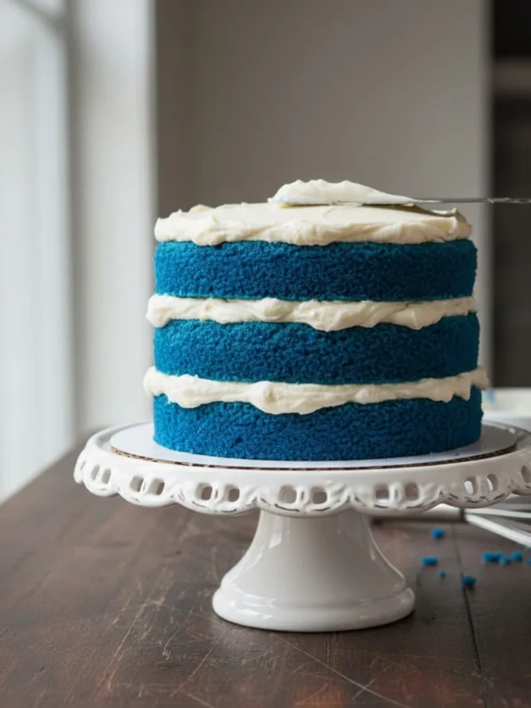 Blue Velvet Cake Recipe Decorated blue velvet cake with frosted sides prepared as a celebration dessert