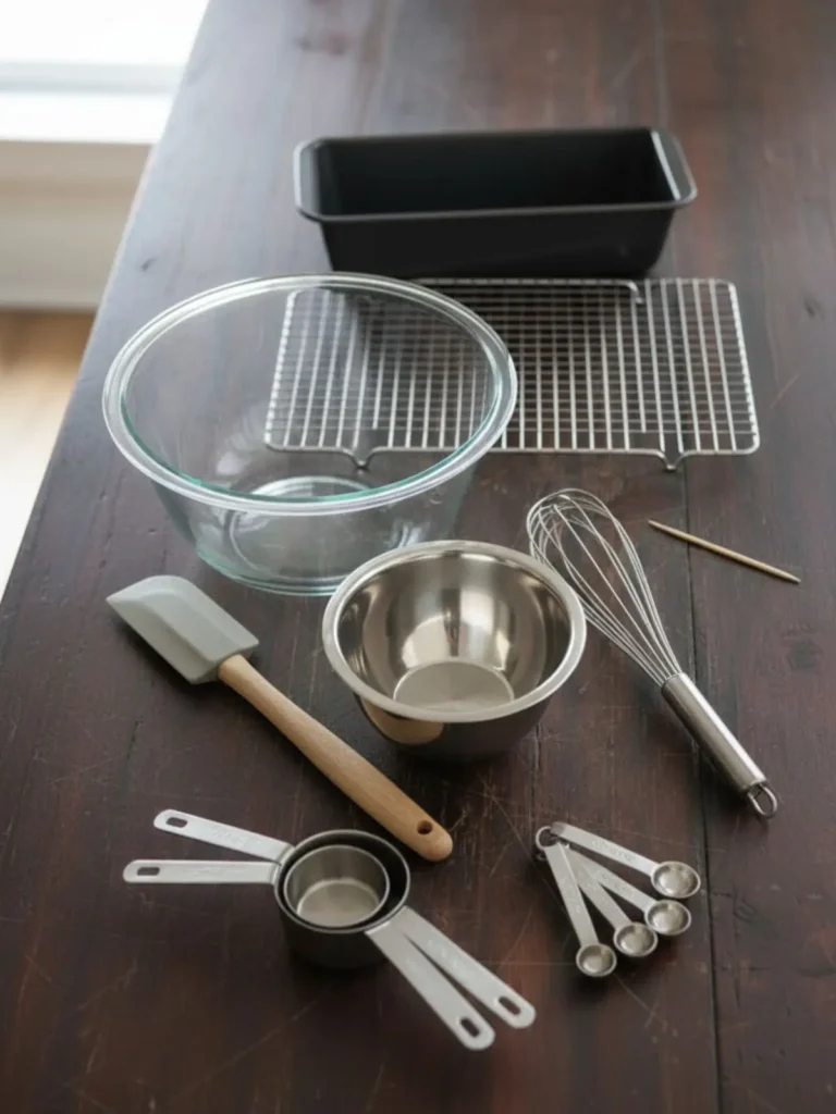 Banana Bread Recipe Essential baking tools for a banana bread recipe including loaf pan, mixing bowls, whisk, spatula, measuring cups, measuring spoons, cooling rack, and toothpick.
