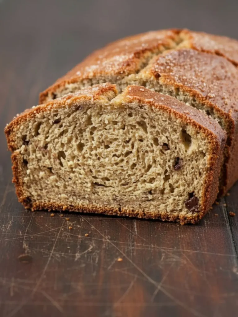 Banana Bread Recipe Slices cut from a moist banana bread recipe loaf revealing tender interior crumb with banana specks and soft texture beside the remaining bread.