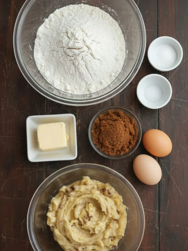 Banana Bread Recipe Measured ingredients for a banana bread recipe including mashed overripe bananas, flour, brown sugar, butter, eggs, baking soda, and salt arranged for baking preparation.