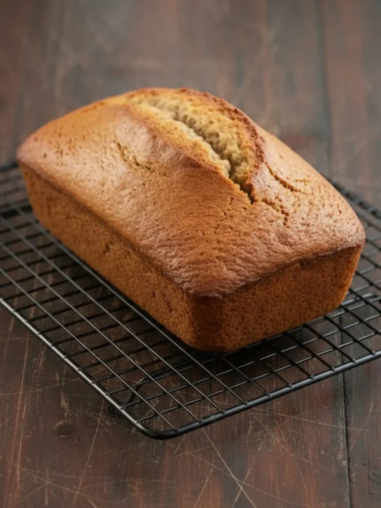 Banana Bread Recipe Freshly baked banana bread recipe loaf with golden crust resting on a cooling rack, showing the classic domed top and natural crack typical of homemade banana bread.
