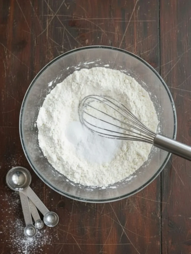 Banana Bread Recipe Flour, baking soda, and salt whisked together in a mixing bowl for banana bread recipe creating a light evenly blended dry mixture.