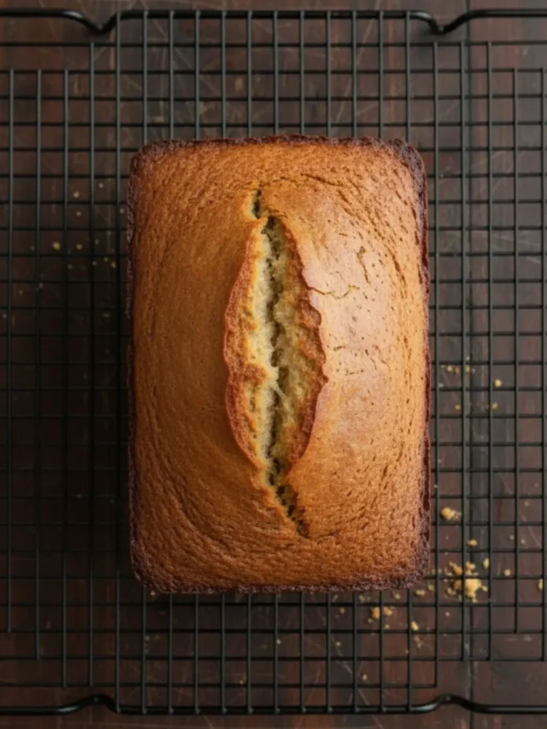 Banana Bread Recipe Freshly baked banana bread recipe loaf with golden crust resting on a cooling rack, showing the classic domed top and natural crack typical of homemade banana bread.