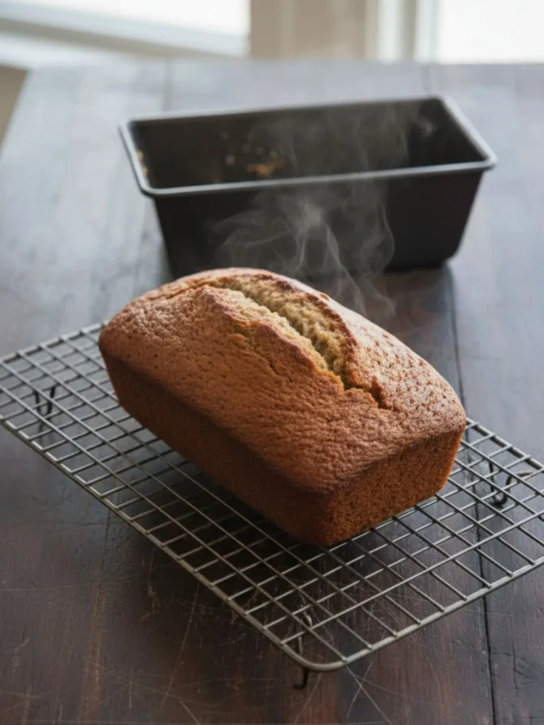 Banana Bread Recipe Freshly baked banana bread recipe loaf with golden crust resting on a cooling rack, showing the classic domed top and natural crack typical of homemade banana bread.