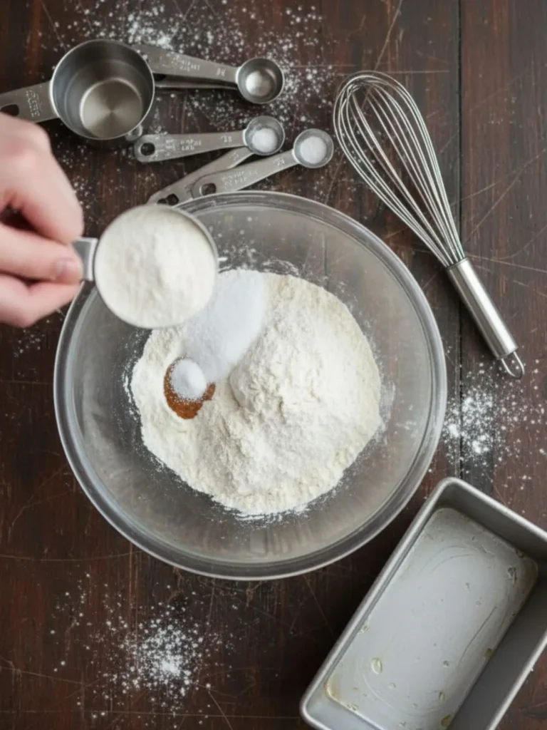Banana Bread Recipe Dry ingredients for banana bread recipe including flour, baking soda, and salt measured into a mixing bowl beside a greased loaf pan before mixing begins.