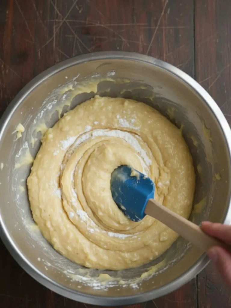 Banana Bread Recipe Dry flour mixture gently folded into banana batter creating thick banana bread batter ready for baking in the loaf pan.