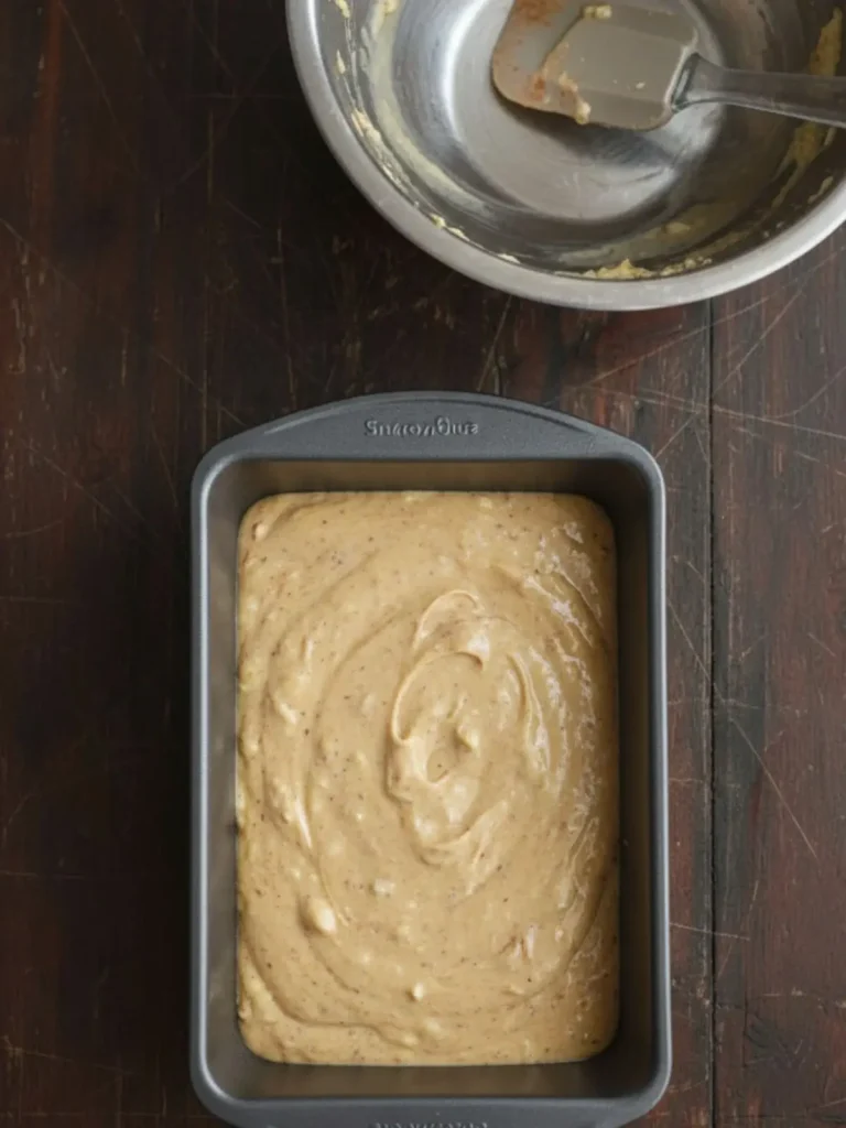 Banana Bread Recipe Thick banana bread batter poured into a greased loaf pan before baking, evenly filling the pan in preparation for oven baking.