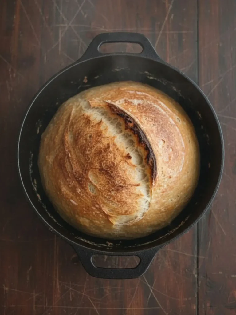 Sourdough Bread Recipe Close view of the crisp crust and scoring pattern on homemade beginner sourdough bread recipe loaf showing blistered golden surface.