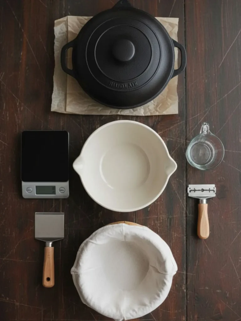 Sourdough Bread Recipe Baking tools used for beginner sourdough bread recipe including mixing bowl, digital scale, banneton basket, Dutch oven, dough scraper, parchment paper, and bread lame.