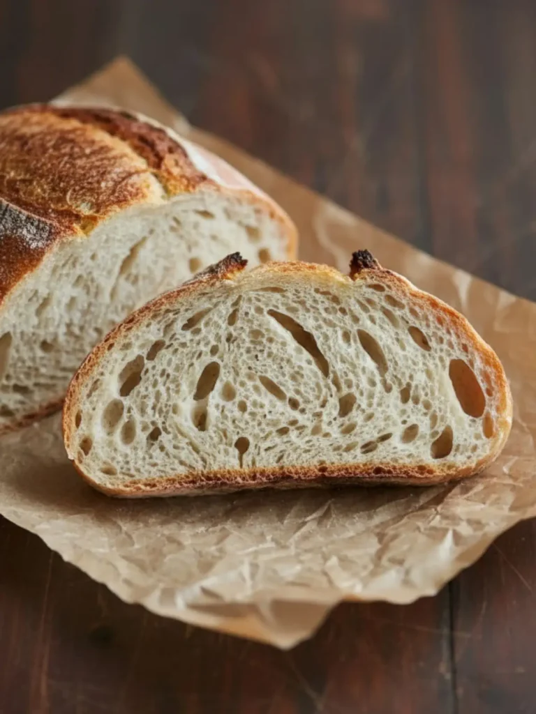 Sourdough Bread Recipe Sliced beginner sourdough bread recipe loaf revealing airy open crumb texture and chewy interior typical of naturally fermented homemade bread.