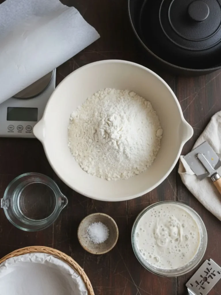 Sourdough Bread Recipe All ingredients for beginner sourdough bread recipe arranged for baking, including flour, water, active sourdough starter, and salt beside baking tools.