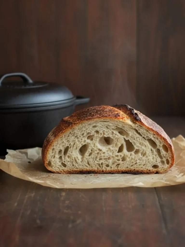 Sourdough Bread Recipe Macro view of a slice from the beginner sourdough bread recipe showing open crumb structure, crisp crust edge, and rustic artisan texture.