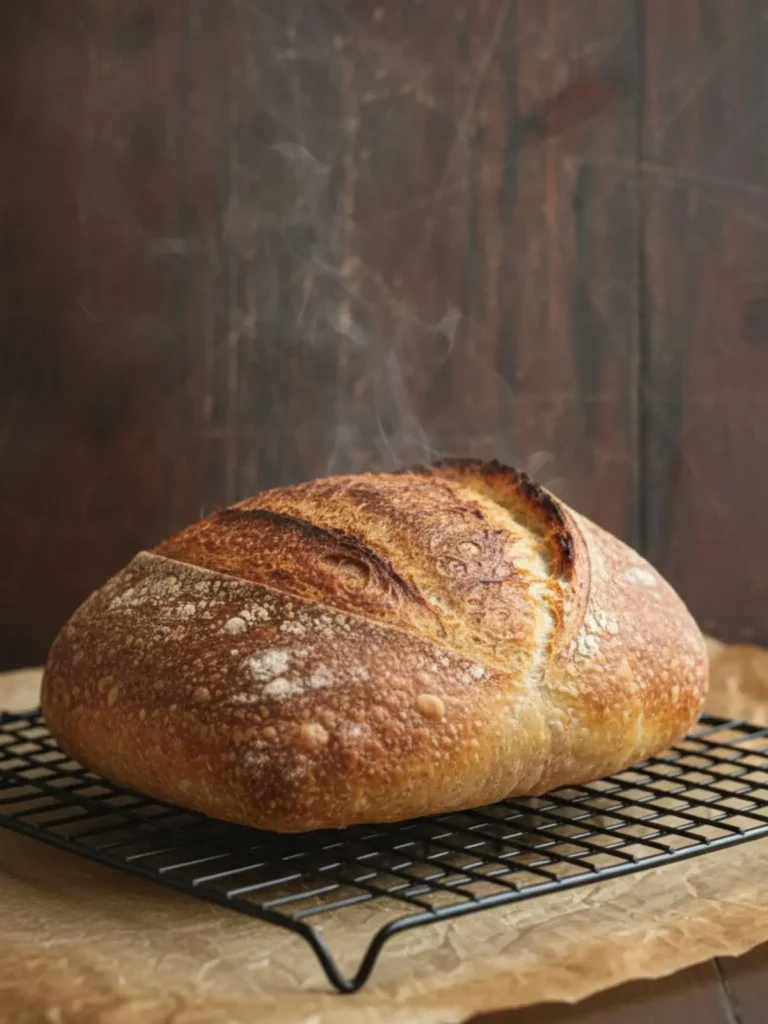 Sourdough Bread Recipe Golden crust artisan loaf from the beginner sourdough bread recipe resting on parchment beside a Dutch oven with rustic scoring and flour dusting.