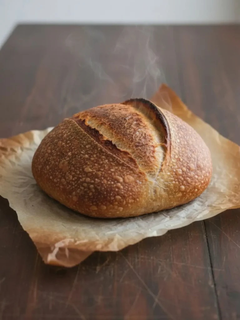 Sourdough Bread Recipe Fully baked beginner sourdough bread recipe loaf with deep golden crust and rustic scoring resting on parchment.