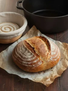 easy homemade recipes BakeCrave Fully baked beginner sourdough bread recipe loaf with deep golden crust and rustic scoring resting on parchment.