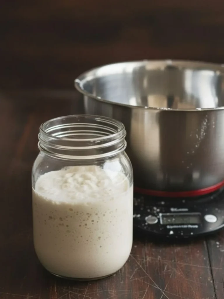 Sourdough Bread Recipe Active bubbly sourdough starter doubled in size and ready for use in the beginner sourdough bread recipe before mixing the dough.