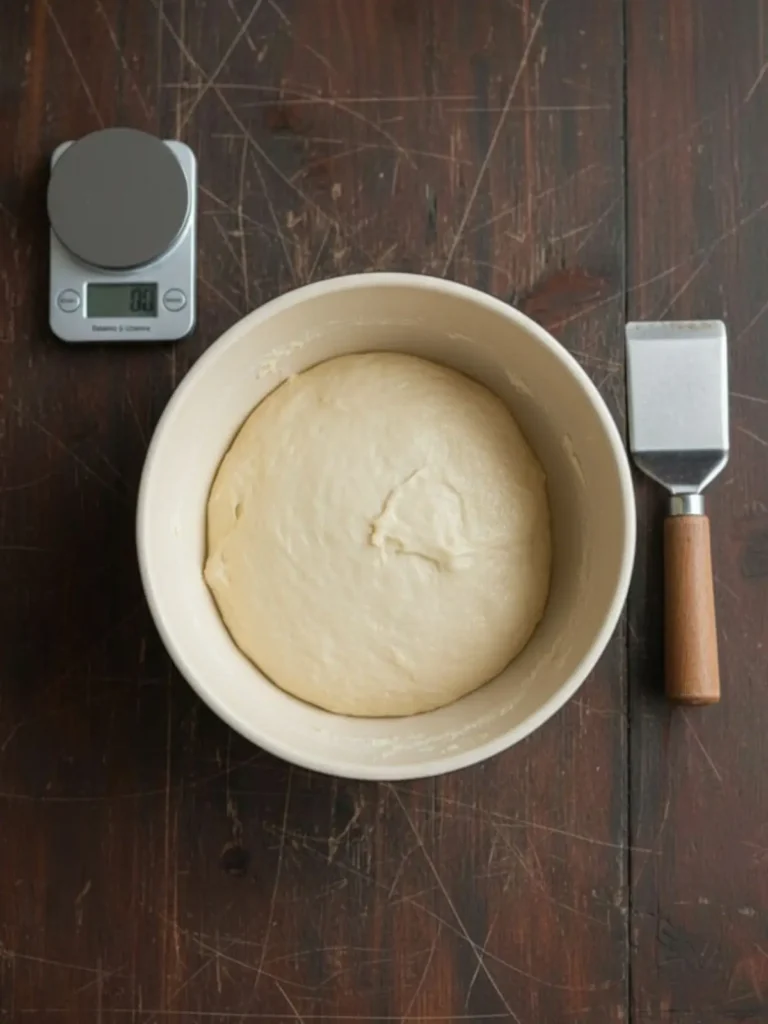Sourdough Bread Recipe Proofed sourdough dough scored with decorative expansion cut before baking in the beginner sourdough bread recipe.