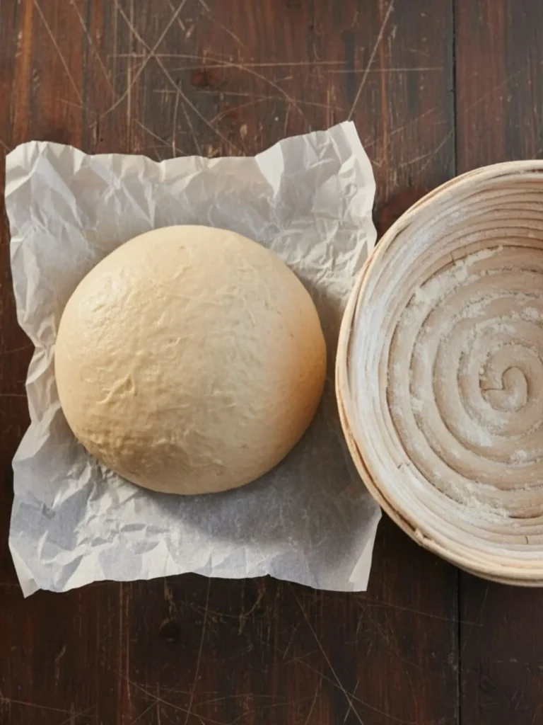 Sourdough Bread Recipe Shaped sourdough dough resting in a banneton basket during final proof stage of the beginner sourdough bread recipe.