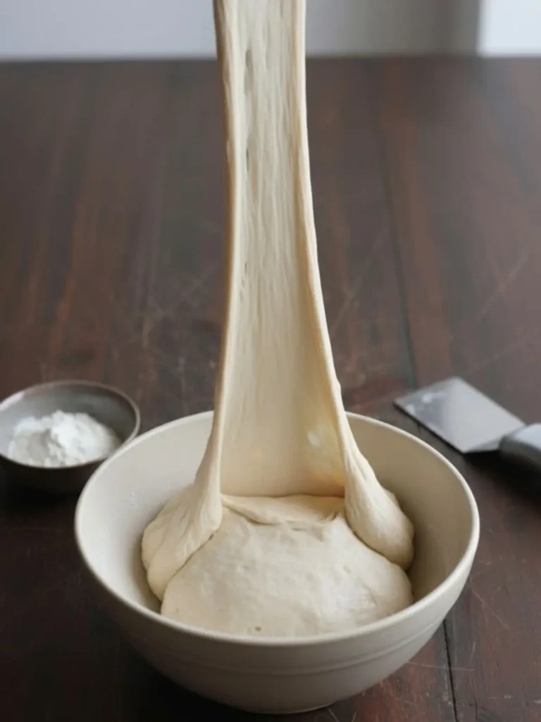 Sourdough Bread Recipe Elastic dough stretched upward during stretch and fold method to develop gluten in the beginner sourdough bread recipe.