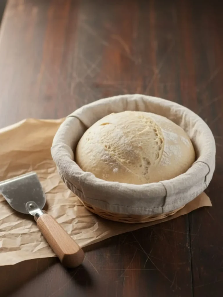 Sourdough Bread Recipe Fermented dough shaped into a round boule on parchment paper preparing the beginner sourdough bread recipe loaf for proofing.