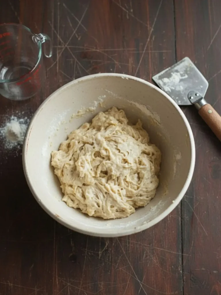 Sourdough Bread Recipe Hydrated dough resting during the autolyse stage of the beginner sourdough bread recipe showing smoother texture after flour absorbs water.