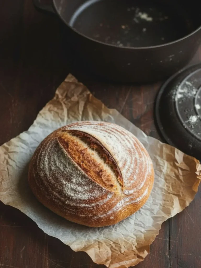 Sourdough Bread Recipe Sourdough loaf expanding during baking with developing crust and open scoring lines in the beginner sourdough bread recipe.