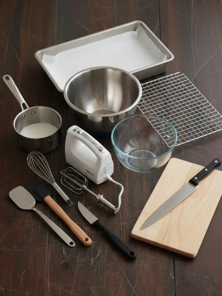 Brookies (Brownie Cookies) Recipe Essential baking tools for brookies recipe including mixing bowls, whisk, spatula, electric mixer, and 9x13-inch metal baking pan