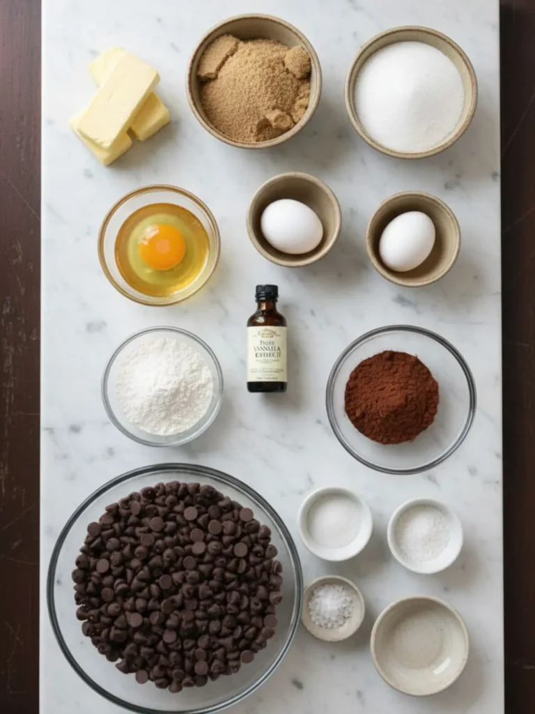 Brookies (Brownie Cookies) Recipe All ingredients for homemade brookies including butter, sugars, eggs, flour, cocoa powder, and chocolate chips arranged on marble surface