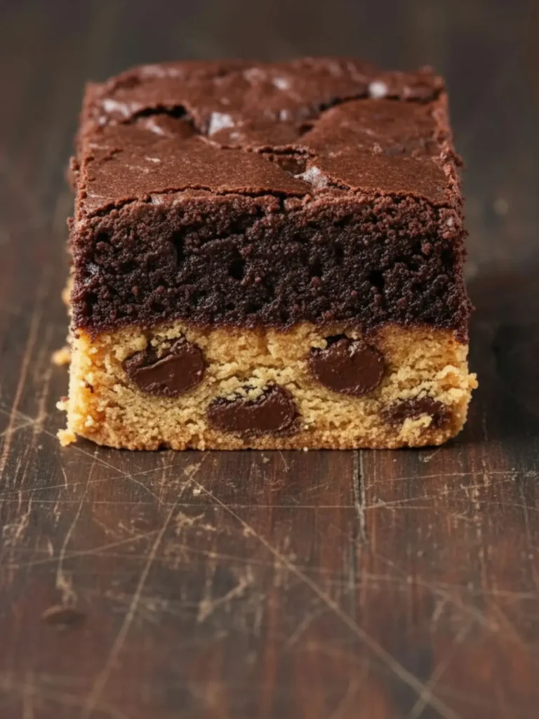 Brookies (Brownie Cookies) Recipe Close-up cross-section of sliced brookie bar revealing chewy cookie layer beneath rich fudgy brownie