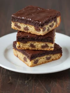 Brookies (Brownie Cookies) Recipe Three stacked brookie bars showing distinct chocolate chip cookie base and fudgy brownie top layer