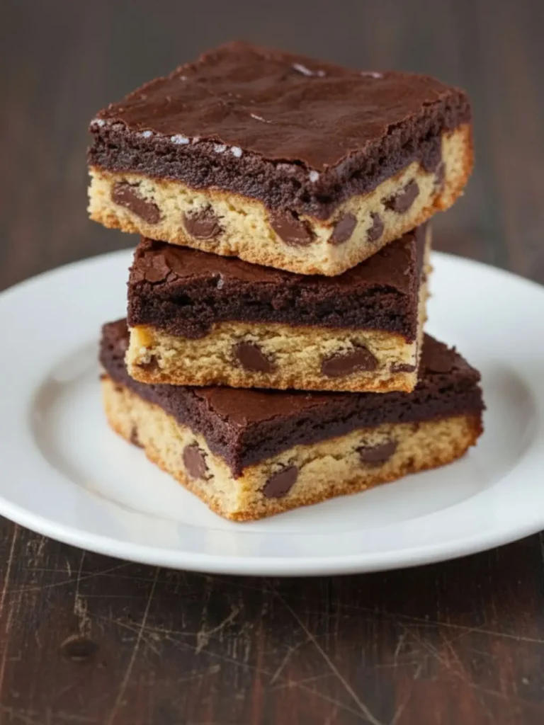Brookies (Brownie Cookies) Recipe Three stacked brookie bars showing distinct chocolate chip cookie base and fudgy brownie top layer
