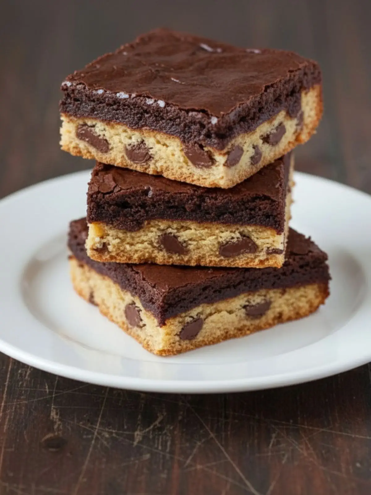 Three stacked brookie bars showing distinct chocolate chip cookie base and fudgy brownie top layer