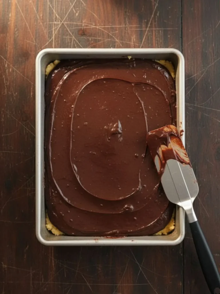 Brookies (Brownie Cookies) Recipe Brownie batter spread evenly over cookie layer with offset spatula creating smooth surface ready for baking