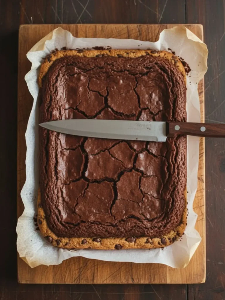 Brookies (Brownie Cookies) Recipe Single brookie bar plated on white dish showcasing golden cookie base and dark chocolate brownie top