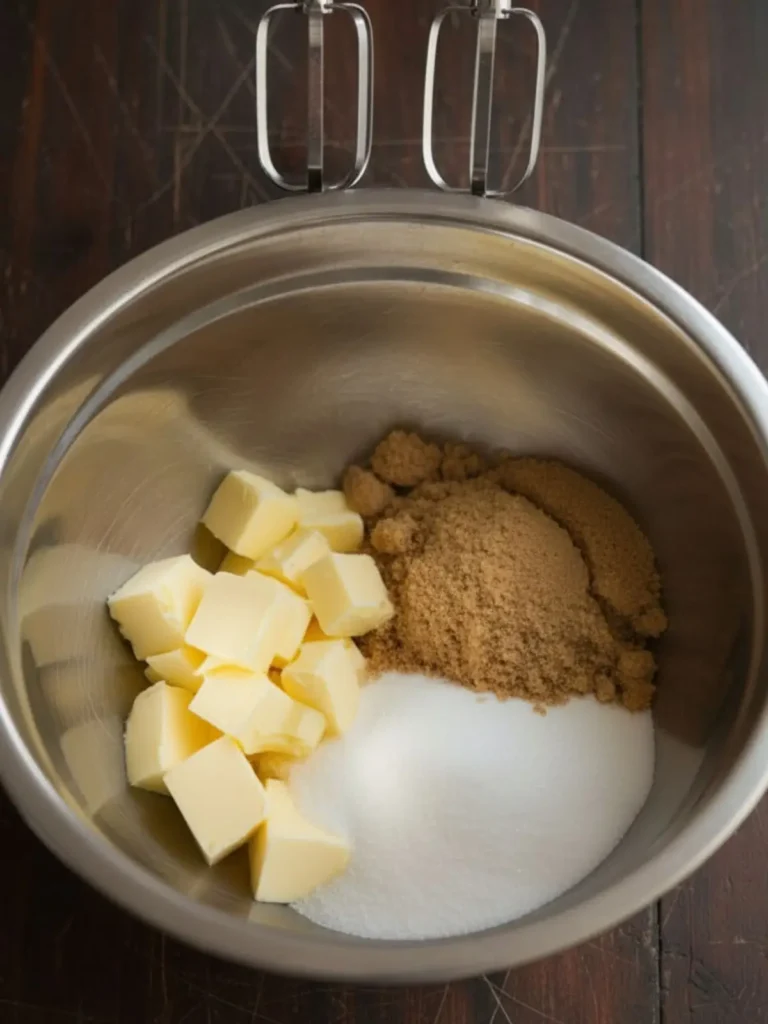 Brookies (Brownie Cookies) Recipe Softened butter with brown sugar and white sugar in mixing bowl ready to cream for cookie layer