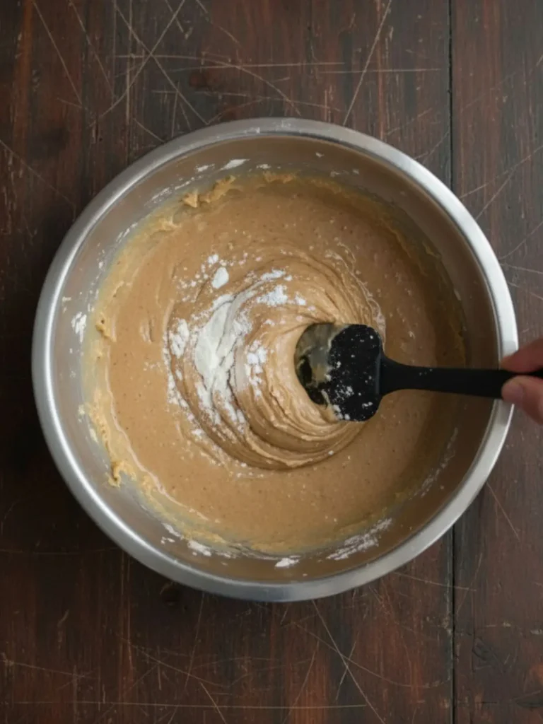 Brookies (Brownie Cookies) Recipe Flour, baking soda, and salt being folded into wet ingredients with rubber spatula for cookie layer