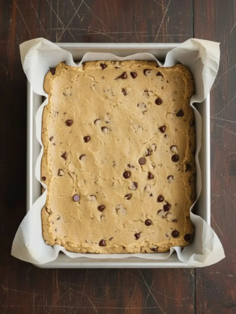 Brookies (Brownie Cookies) Recipe Cookie dough pressed evenly into parchment-lined baking pan forming bottom layer of brookies