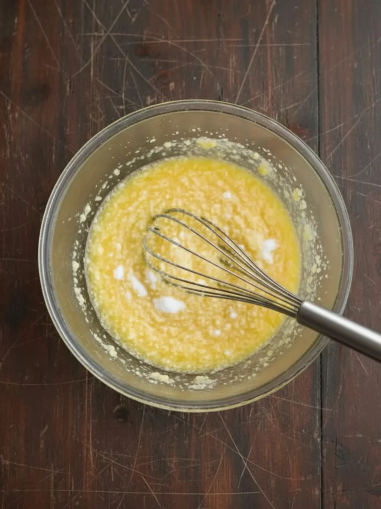 Brookies (Brownie Cookies) Recipe Melted butter and granulated sugar combined in glass bowl creating grainy mixture for brownie batter